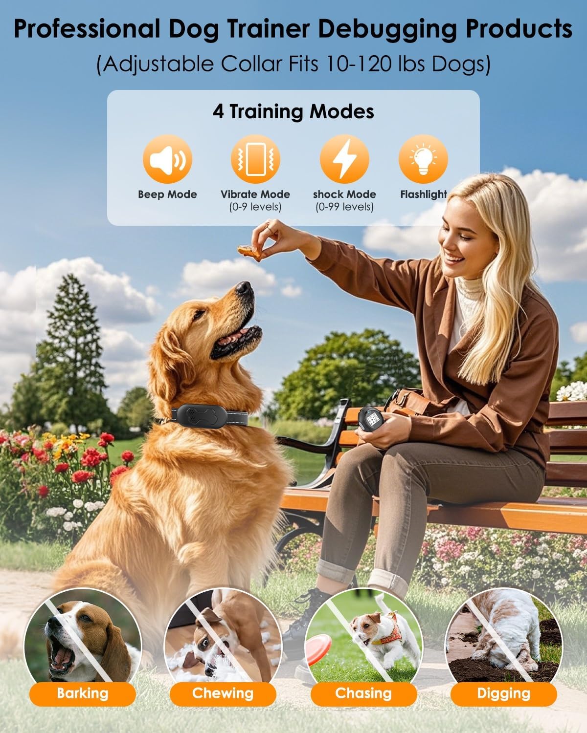 Dog Shock Collar with Remote Control - Shock Collar for Dogs IPX7 Waterproof Dog Training Collar with Beep Vibration Static Correction Flashlight Long-Lasting Battery Safe Training for Dogs 10–120 Lbs