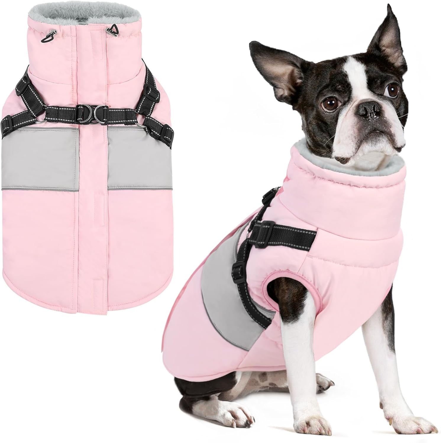 Small Dog Coat with Harness Built In, Warm Dog Jacket Winter with Zipper on Back, Waterproof Pet Snow Jacket Snowsuit Pet Sweater Clothes for Schnauzer, Yorkshire Terrier, Pink S