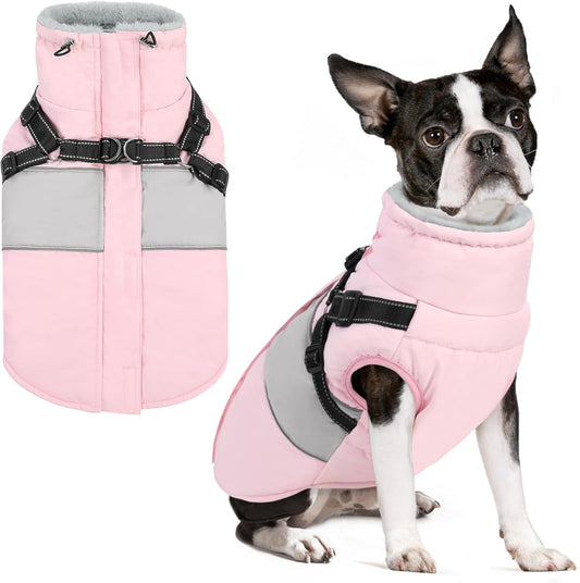 Small Dog Coat with Harness Built In, Warm Dog Jacket Winter with Zipper on Back, Waterproof Pet Snow Jacket Snowsuit Pet Sweater Clothes for Schnauzer, Yorkshire Terrier, Pink S