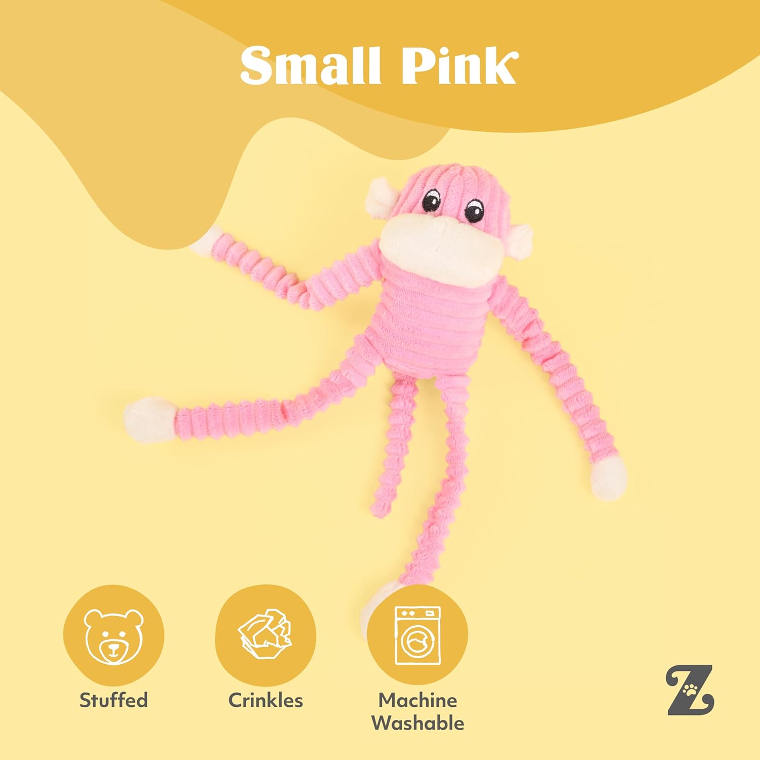 Crinkle Monkey - Interactive Dog Toys to Keep Them Busy, Squeaky Plush Pet Toy for All Breeds, Cute Gift for Small and Medium Dogs, Contains 1 round Squeaker - Small, Pink