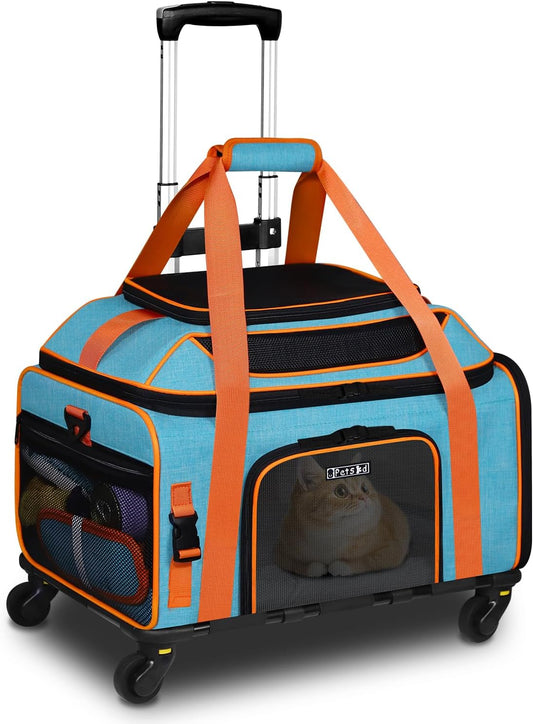 Top-Expandable Pet Carrier with Wheels 19X13X9 Inches Southwest Allegiant Airlines Approved, Soft-Sided Carrier for Small Dog under 12 Lbs and Large Cat under 15 Lbs(Blue)