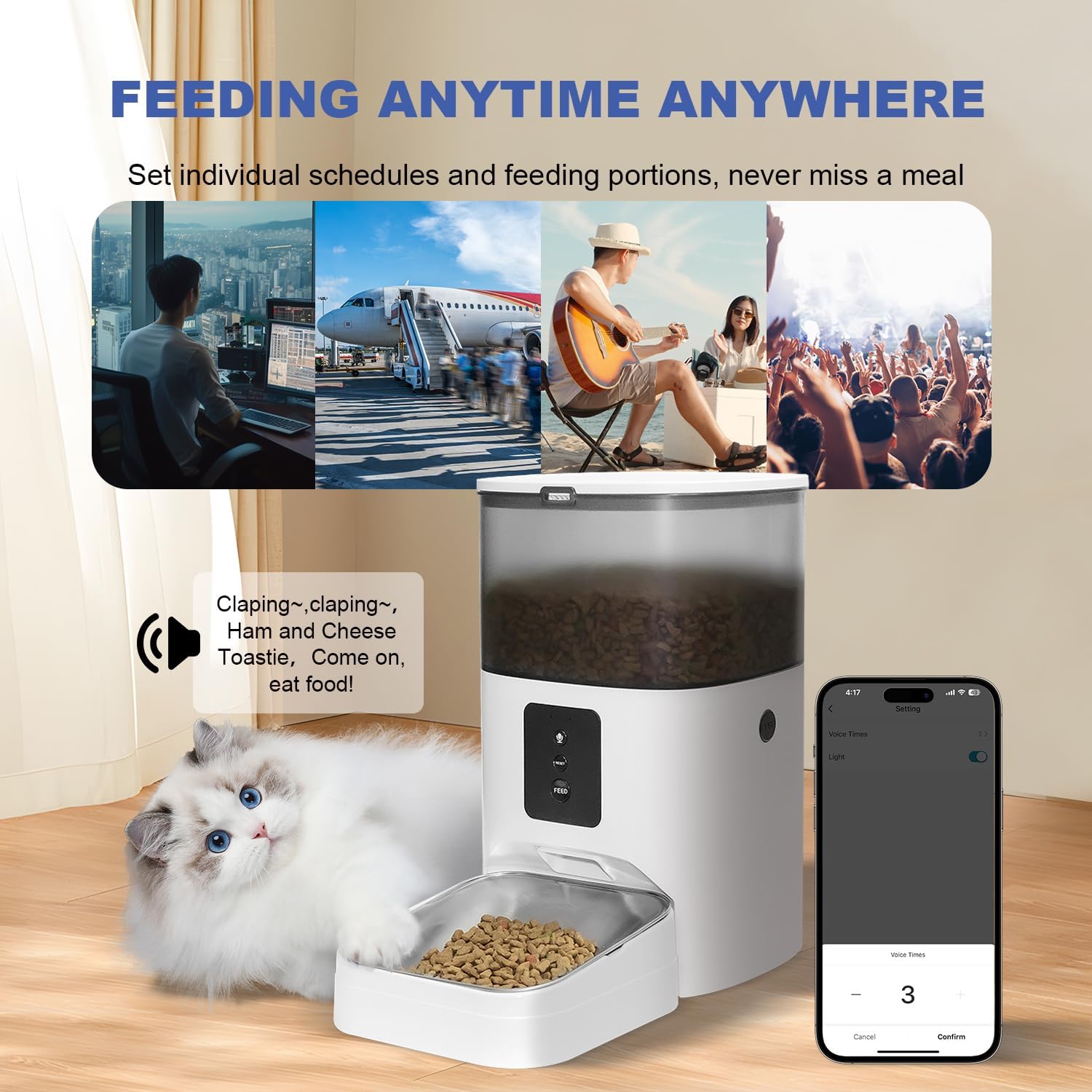 2.4G Wifi Automatic Cat Feeder, 4L Food Dispenser with 10S Voice Recorder, Pet Feeder up to 10 Meals per Day, Timed Cat Feeder with Dry Food Sealed Ring (White, 4L-Wifi)