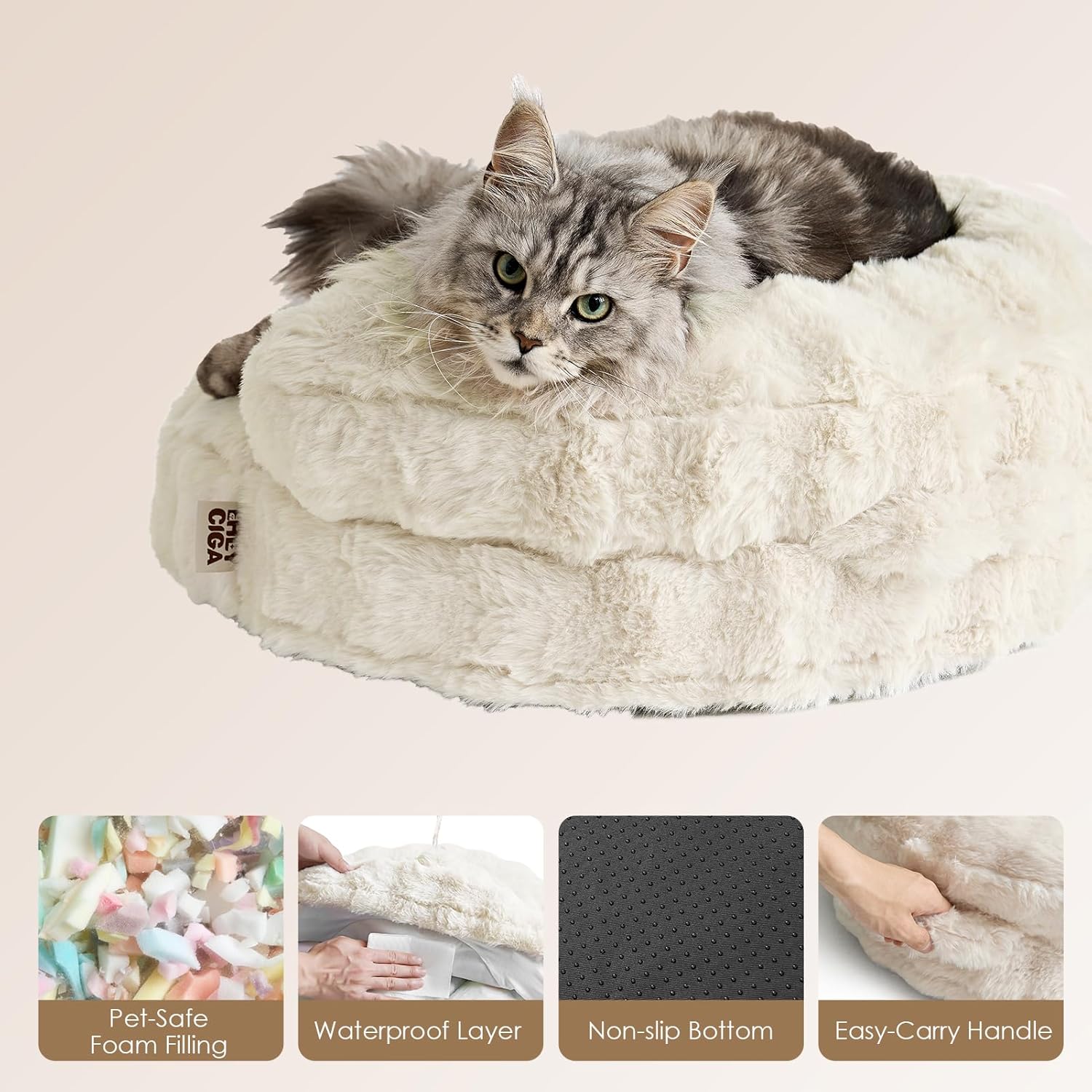 Small Dog Bed and Cat Couch for Puppy and Kitten - Fluffy Faux Rabbit Fur Pet Sofa with Washable Removable Cover, Waterproof and Non-Slip, 23 Inch Cream