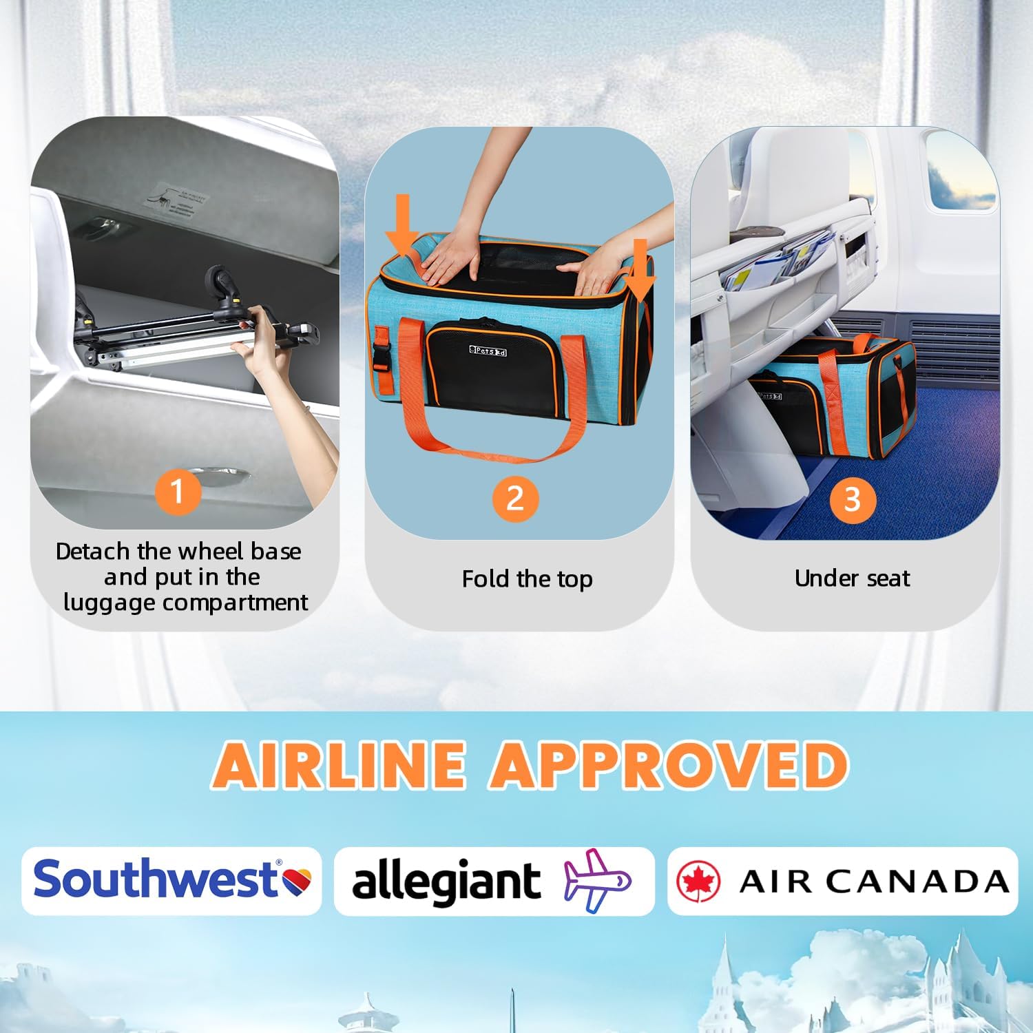 Top-Expandable Pet Carrier with Wheels 19X13X9 Inches Southwest Allegiant Airlines Approved, Soft-Sided Carrier for Small Dog under 12 Lbs and Large Cat under 15 Lbs(Blue)
