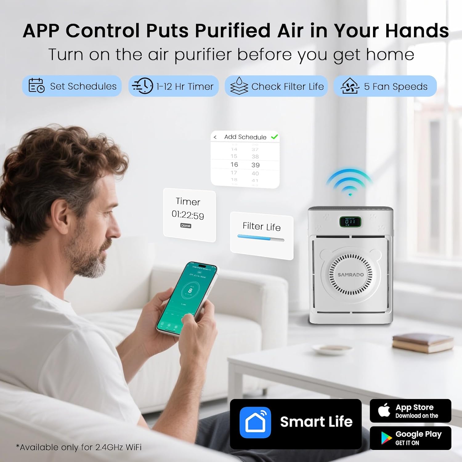 Smart Pet Air Purifiers for Home Large Room up to 2500 Ft², H13 HEPA Air Purifiers for Home Pets with Wifi, Double-Sided Air Inlet, PM 2.5 Sensor, Pet Air Purifier for Pets Hair, Smoke, Pollen, 20Db