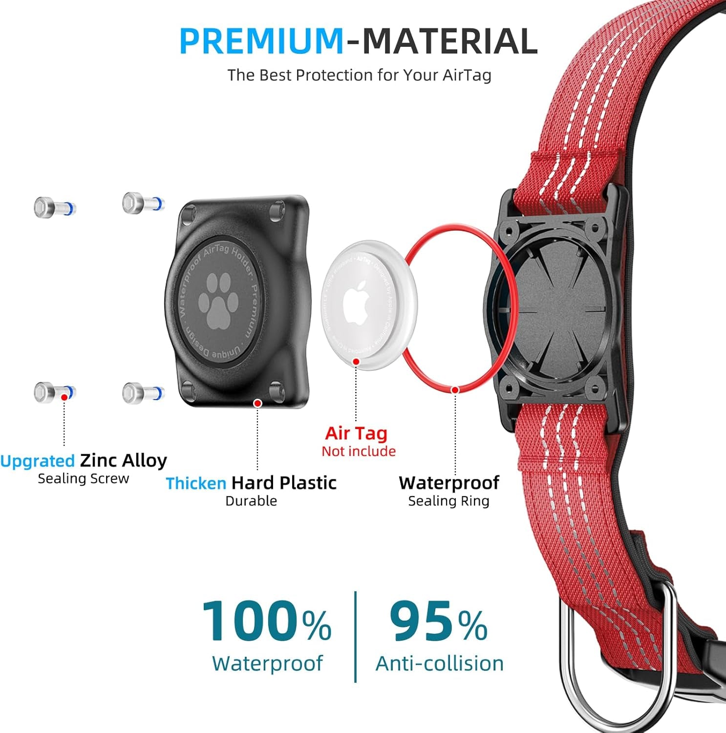 Upgraded Airtag Dog Collar, IP68 Waterproof Air Tag Dog Collar Holder, Reflective, Ultra-Durable, Comfortable Padded, Heavy Duty Dog Collars for Small Medium Large Dogs (M (12.6"-17.1"), Red)