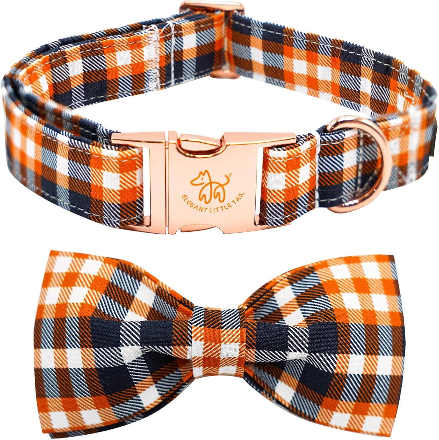 Fall Dog Collar, Halloween Dog Collar Orange Plaid Pet Collars with Bowtie Puppy Metal Buckle Cotton Girls Boys Adjustable Pet Collars for Small Dogs