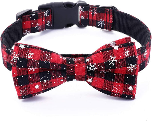 Christmas Dog Collar and Bow Tie with Classic Snowflake Pattern, Adorable Collar with Light Release Buckle Pet Accessories for Puppy Dogs Cats Pets (L)