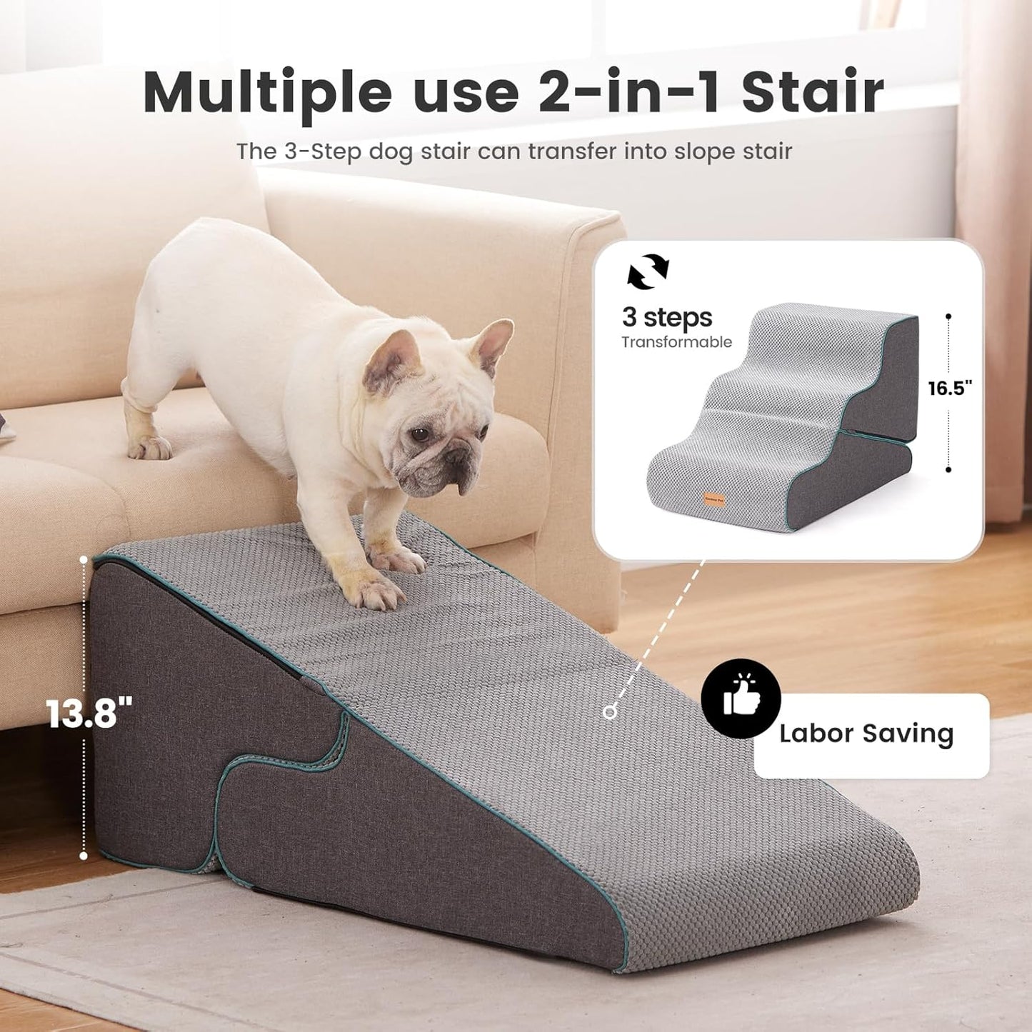 Dog Stairs for Small Dogs 16.5" H, 2 in 1 Transformable 3-Step Pet Stairs and Ramp, Dog Steps for Couch (13-20 In) with Durable Non-Slip Waterproof Cover and Certipur-Us Certified Foam