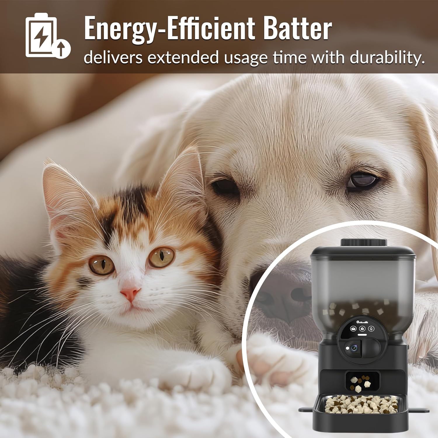Automatic Cat and Dog Feeder - 6L Automatic Cat Food Dispenser with Camera - Wifi App Controlled Timed Smart Feeder - Dog Feeding Station with up to 15 Days of Battery Life after Power Outages