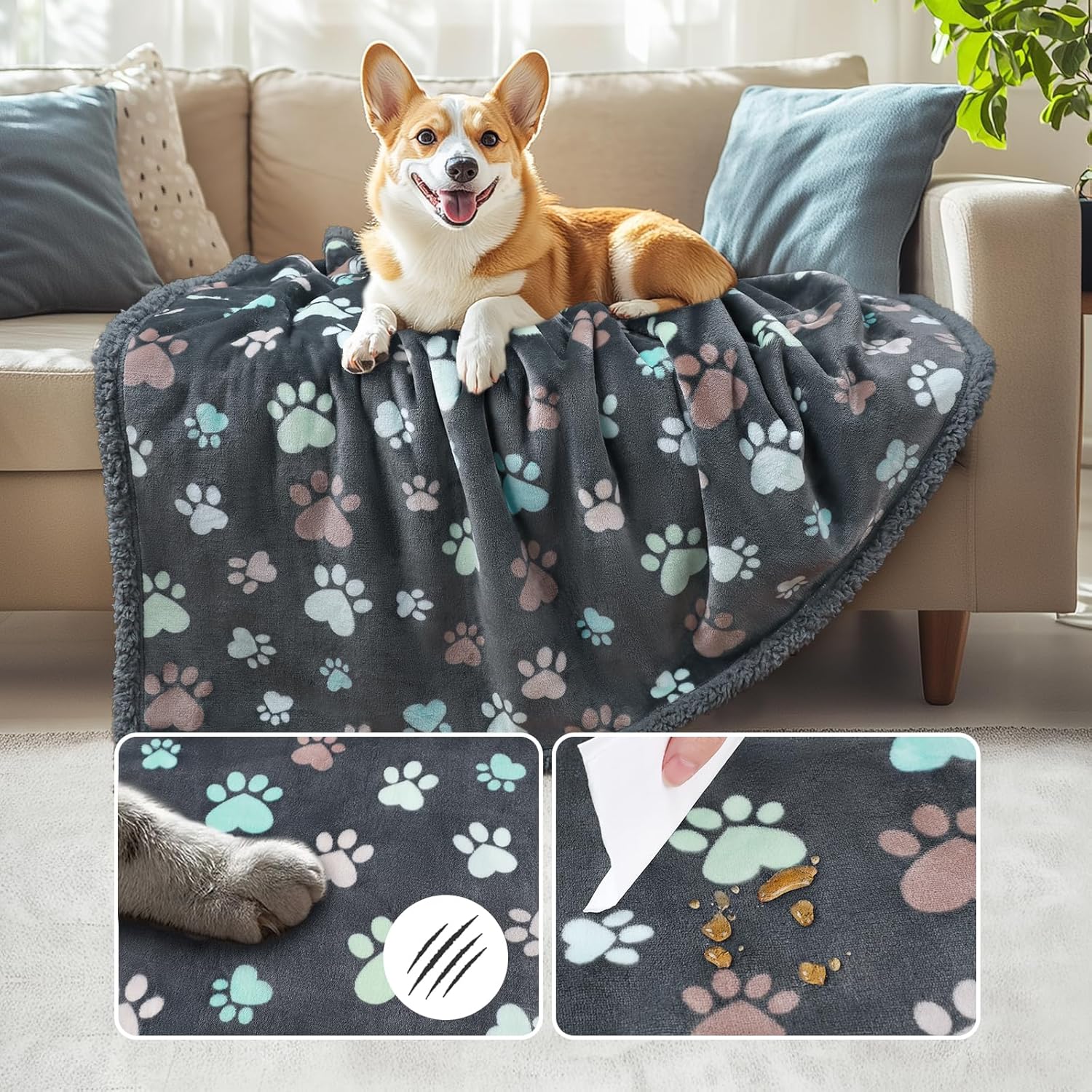 Waterproof Pet Blankets for Couch Sofa Bed Cover Cat Liquid Pee Proof Washable Soft Fluffy Large Dog Blanket Reversible Furniture Protection Puppy Grey Paw Thicken Small（40" X 28"）