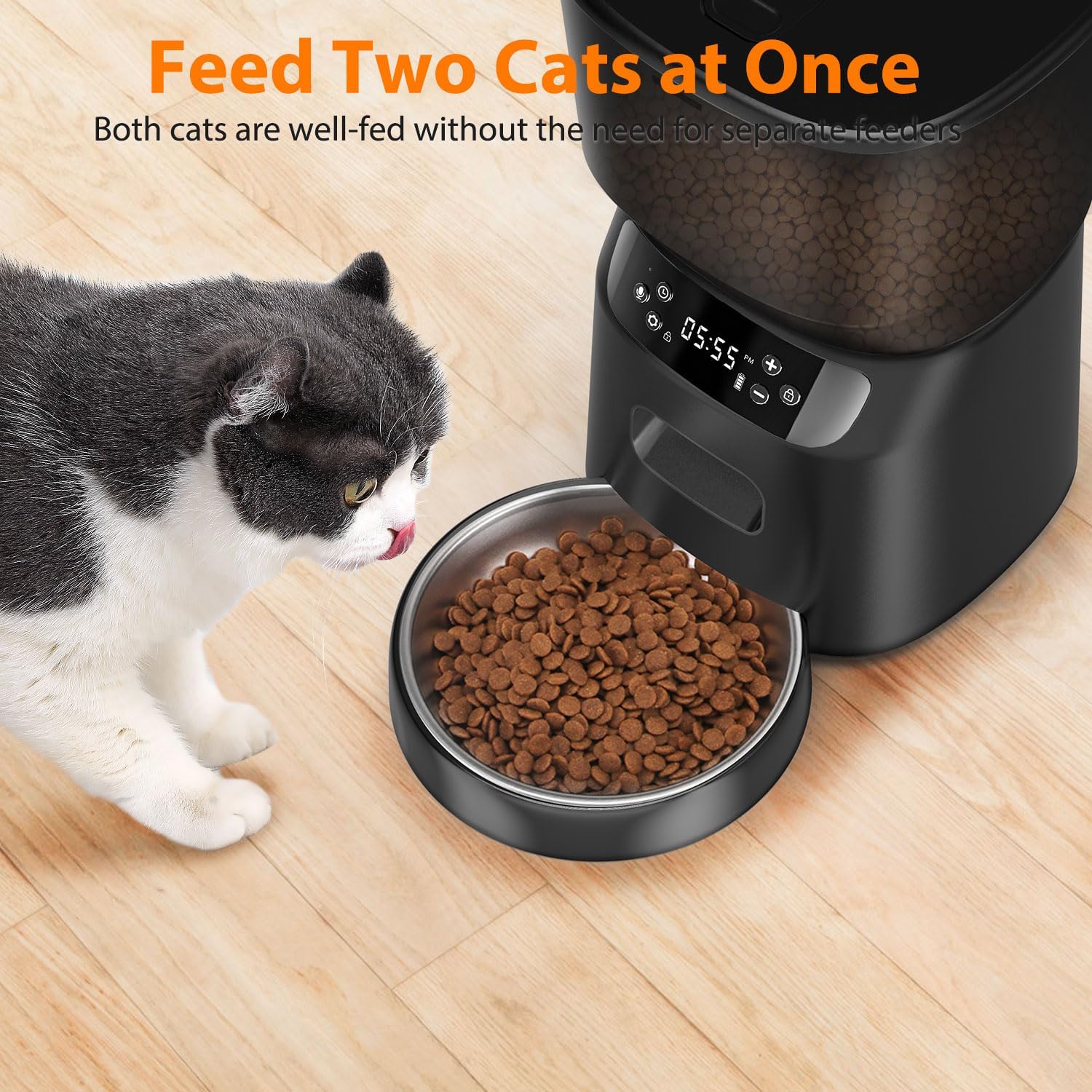 Automatic Cat Feeder, Cat Food Dispenser with Stainless Steel Bowl, Timed Portion Control 20 Portions 6 Meals per Day, Voice Recorder, Dual Power Supply for Small Dogs (Black)