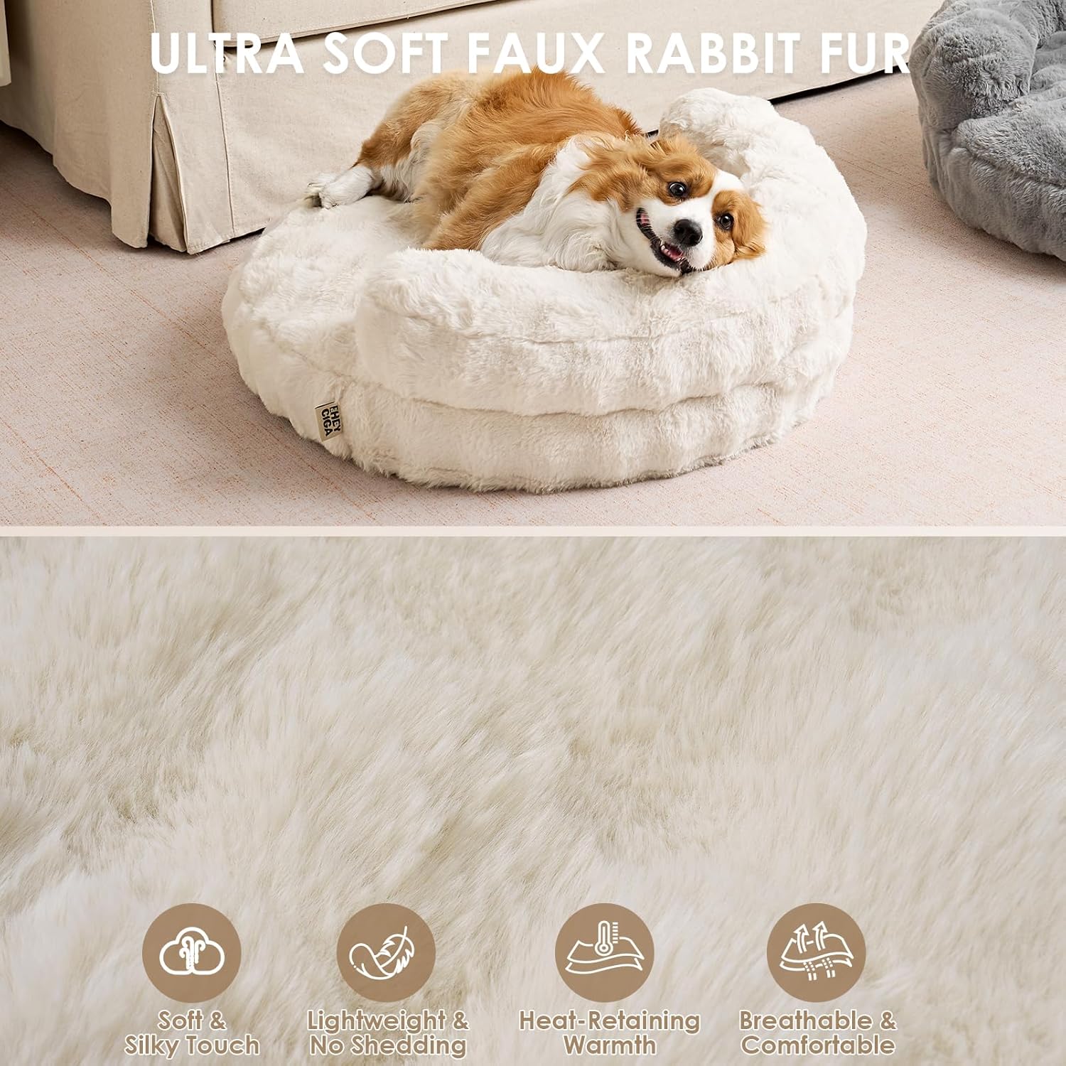 Small Dog Bed and Cat Couch for Puppy and Kitten - Fluffy Faux Rabbit Fur Pet Sofa with Washable Removable Cover, Waterproof and Non-Slip, 23 Inch Cream