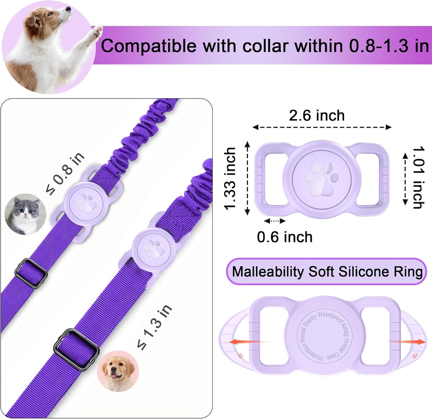 Airtag Dog Collar Holder, [1 Pack] Waterproof Airtag Collar Holder for Dog, Silicone Full Body Covered Anti-Lost Protective Apple Airtag Case for Pet Collar - Fits All Width Collars, Purple