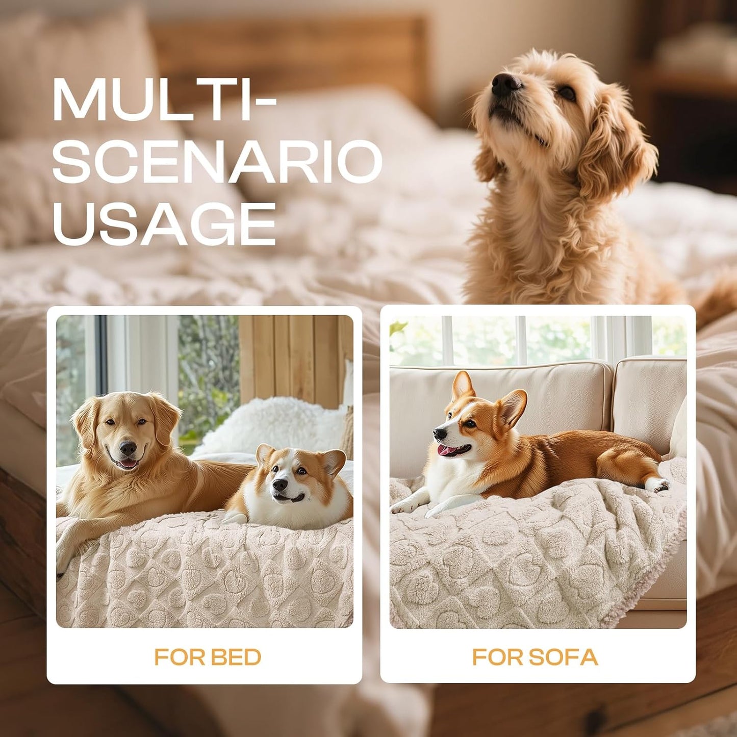 Waterproof Dog Blanket for Medium Large Dogs Washable Bed Couch Protector Soft Fluffy 3D Heart Jacquard Pet Blanket with Sherpa Fleece Cozy Calming Throw Blankets, Beige 85X57 Inch