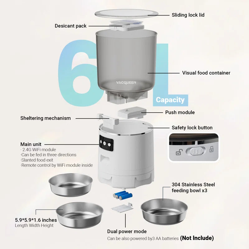 Automatic Cat Food Dispenser with 3 Bowls for 3 Cats & 6L Volum Capacity, 2.4G Wifi with APP Remote Feeding