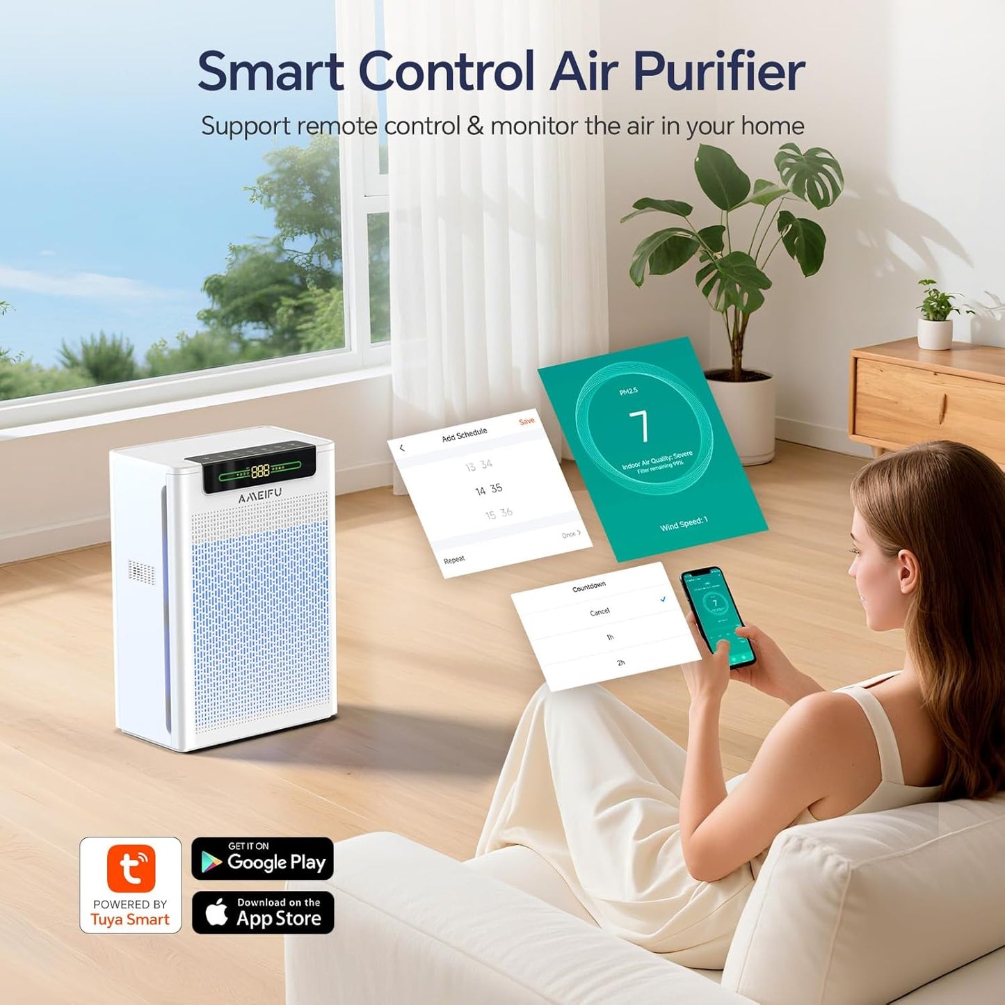 Air Purifiers for Home Large Room, up to 2400 Ft² with Smart Wifi APP Control, Hepa Air Purifier with Washable Filters, PM 2.5 Display for Bedroom, Pets Hair, Pollen, Dander, Smoke