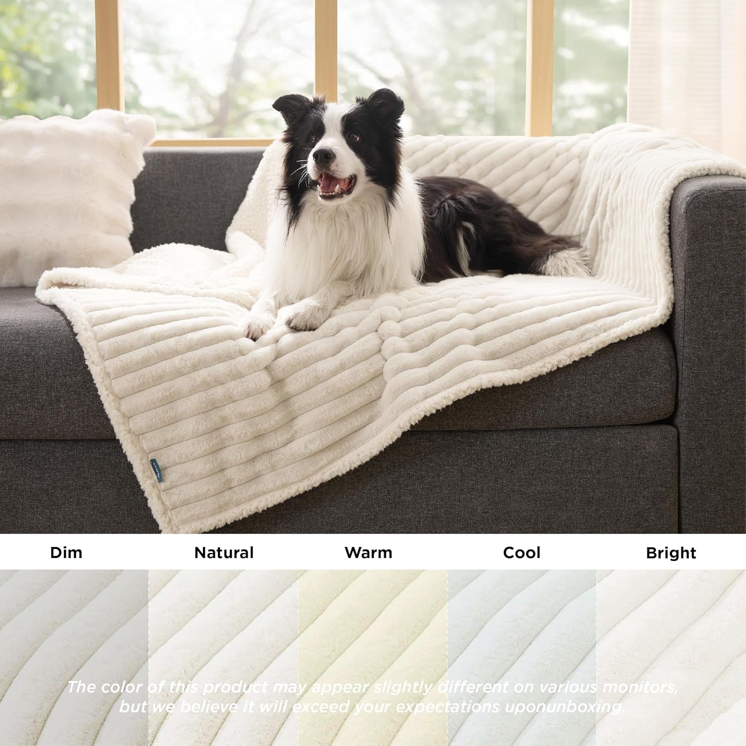 Waterproof Dog Blankets for Large Dogs - Soft Pet Cat Blanket Corduroy Fleece for Couch Bed Protector Washable, Cozy Calming Reversible Furniture Protection for Puppy,50"X60", Cream