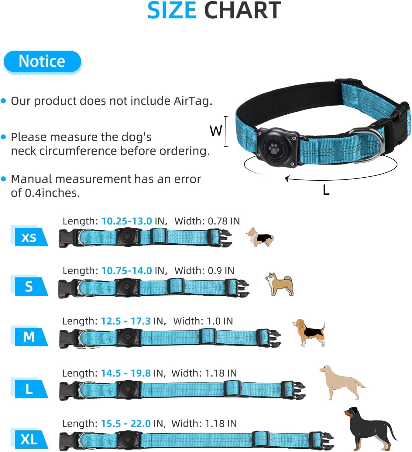 Upgraded Airtag Dog Collar, IP68 Waterproof Air Tag Dog Collar Holder, Reflective, Ultra-Durable, Comfortable Padded, Heavy Duty Dog Collars for Small Medium Large Dogs (L (14.8"-20.3"), Blue)