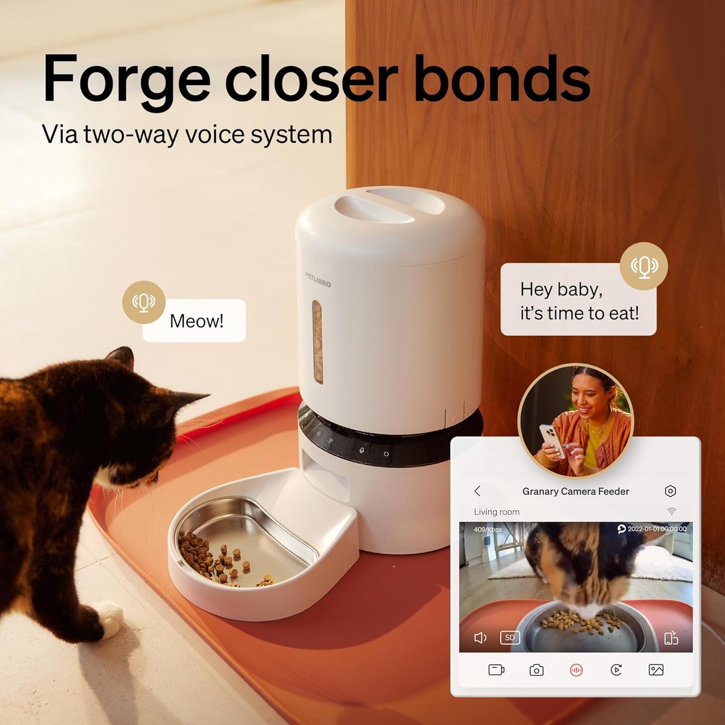 Automatic Cat Feeder with Camera, 1080P HD Video with Night Vision, 5G Wifi Pet Feeder with 2-Way Audio, Low Food & Blockage Sensor, Motion & Sound Alerts for Cat & Dog Single Tray