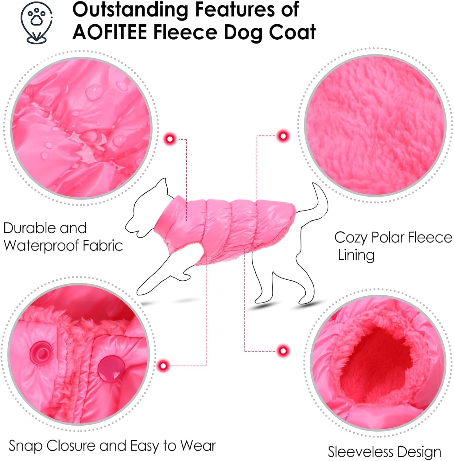 Dog Coat, Waterproof Dog Jacket, Winter Coats for Small Dogs, Windproof Dogs Puffer Jacket, Fleece Pet Snowsuit Puffer Vest with Snap Closure, Cold Weather Coats for Boy Girl Puppy, Pink, S