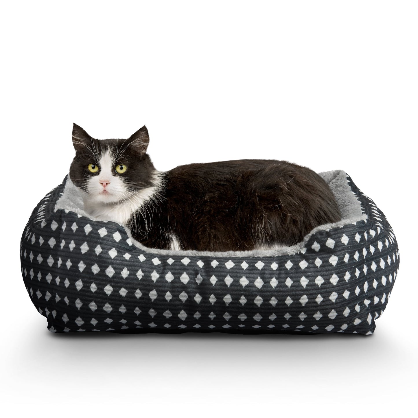 Bed for Dogs & Cats, Plush Cuddler, Portable, Machine Washable, Black & White Diamonds, 19" × 15"