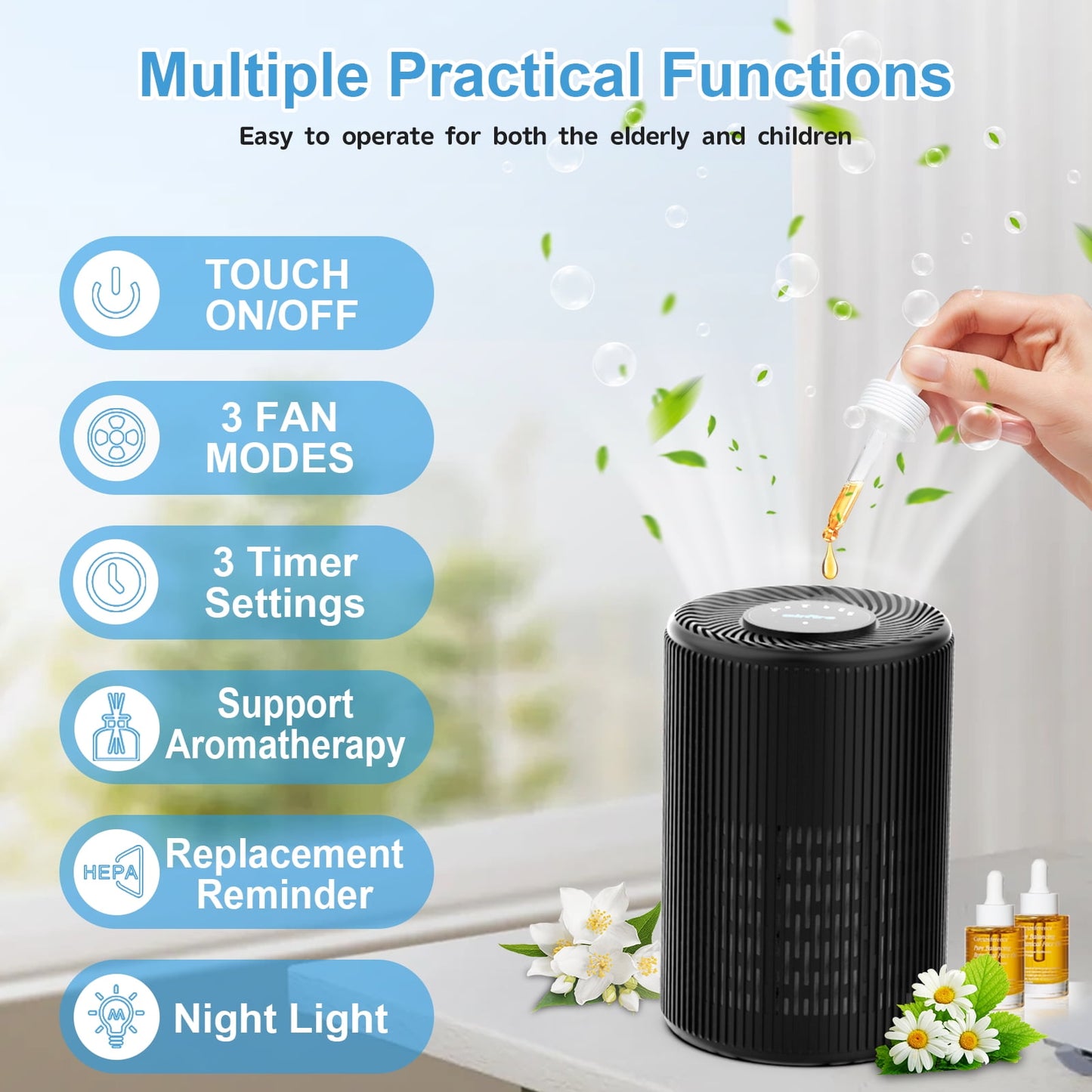 HEPA Air Purifier for Home up to 1300 Sq.Ft, Air Purifiers for Allergies and Asthma, Bedroom, Pet Dander&Odor, Dust, Pollen, Wildfire/Smoke, Model AP201, Black