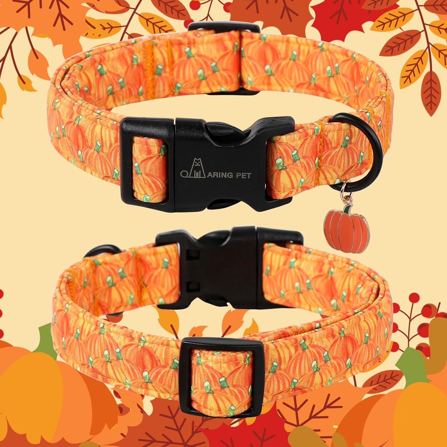 Halloween Dog Collars, Cute Gold Pumpkin Fall Pet Collar with Quick Release Buckle for Small Medium Large Girl Boy Dogs-M