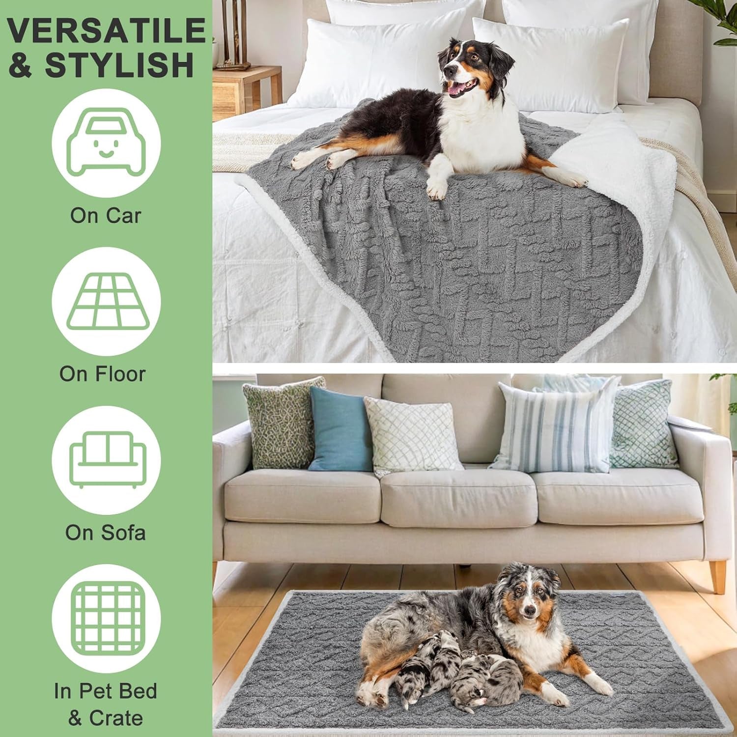 Waterproof Dog Blankets for Medium Large Dogs Washable- Reversable Dog Blanket for Furniture, Sofa, Couch, Crate, Car- Soft Sherpa Dog Throw Plush Pet Bed Blanket Cat Puppy, 40"X60" Grey