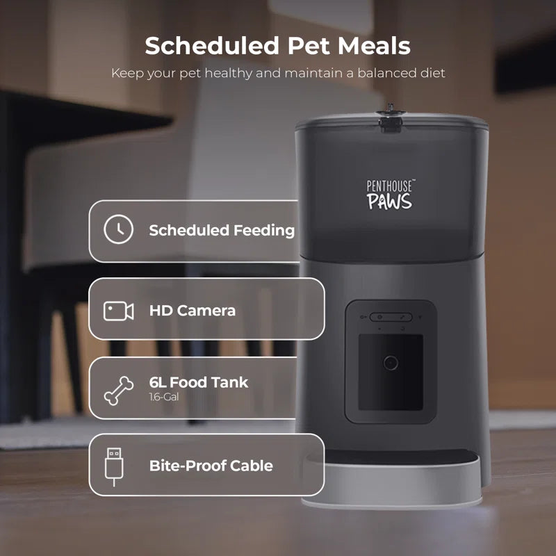 Smart HD Pet Feeder – 6L Wifi Automatic Cat & Dog Feeder with Camera, App Control, Voice Message, Stainless Steel - White