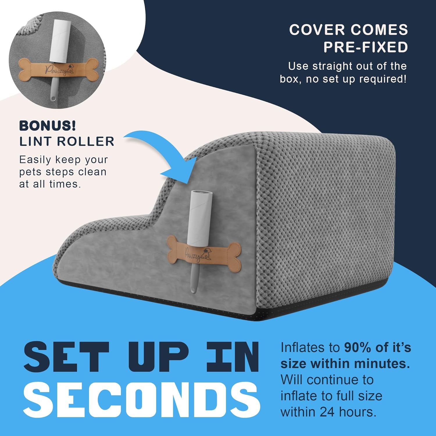 Foam Pet Stairs for Small Dogs & Cats – 2-Step Dog Ramp 12” High, Wide Non-Slip Steps for Bed & Couch – Washable Pre-Fitted Cover (No Assembly Required), Waterproof Base – Grey