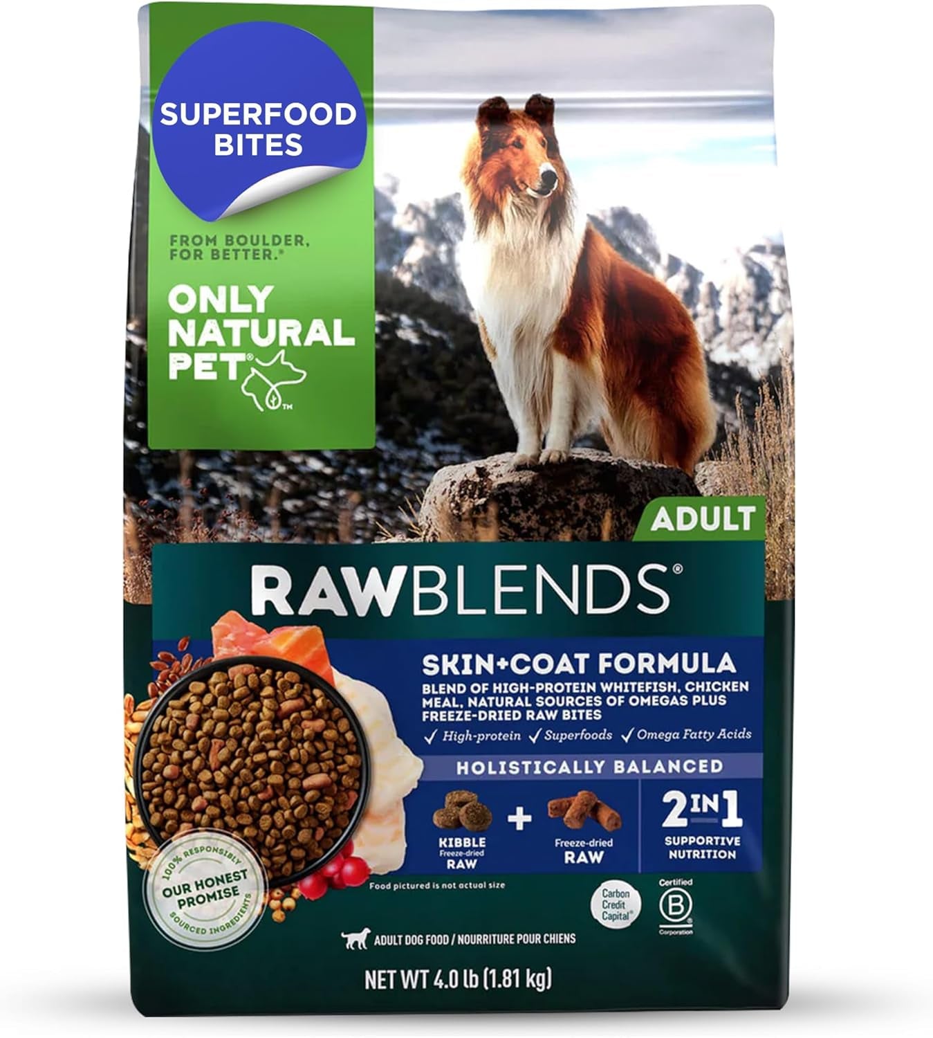 Raw Blends - High-Protein Dog Food with All-Natural Ingredients, Nutritious Whole Grains & 100% Raw Meat Bites for Balanced Nutrition & Holistic Health, Ideal for Large Breeds, 4 Lb