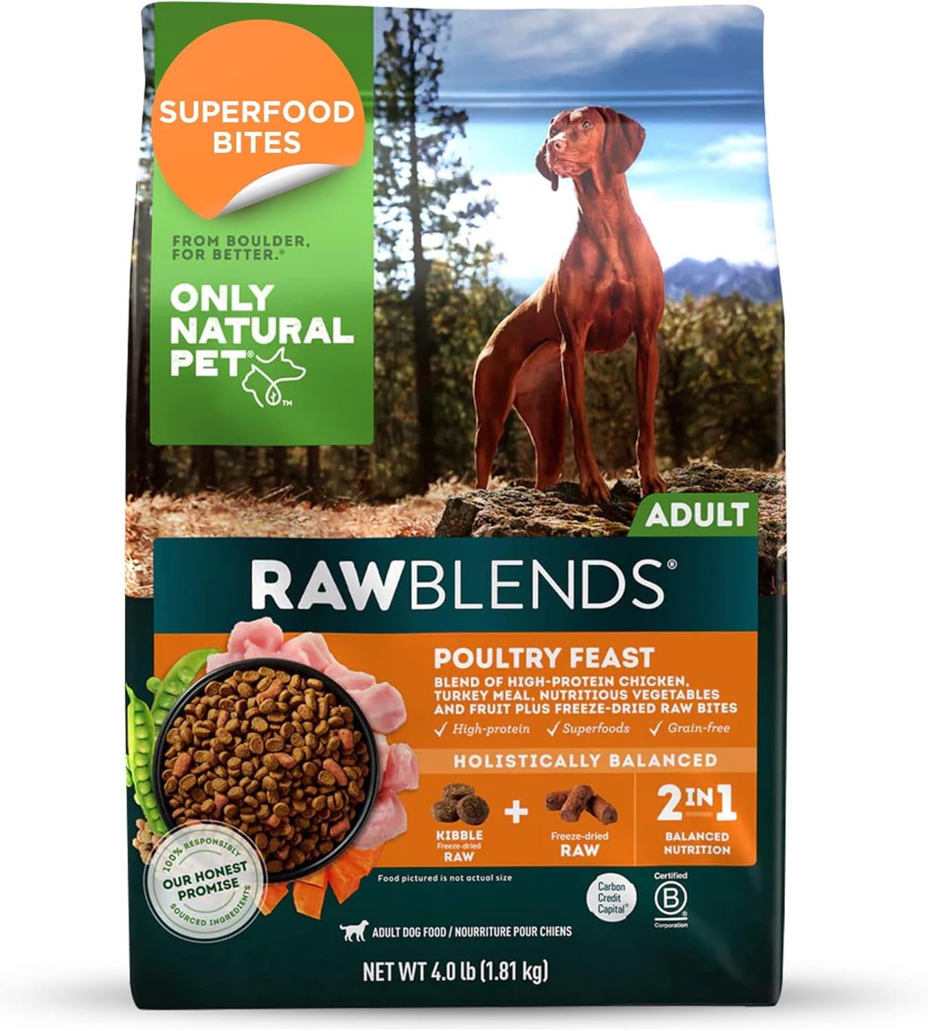 Raw Blends - High-Protein Dog Food with All-Natural Ingredients, Nutritious Whole Grains & 100% Raw Meat Bites for Balanced Nutrition & Holistic Health, Ideal for Large Breeds, 4 Lb