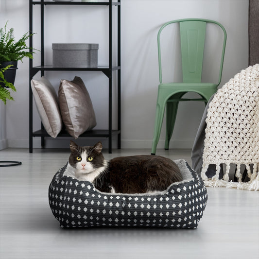 Bed for Dogs & Cats, Plush Cuddler, Portable, Machine Washable, Black & White Diamonds, 19" × 15"