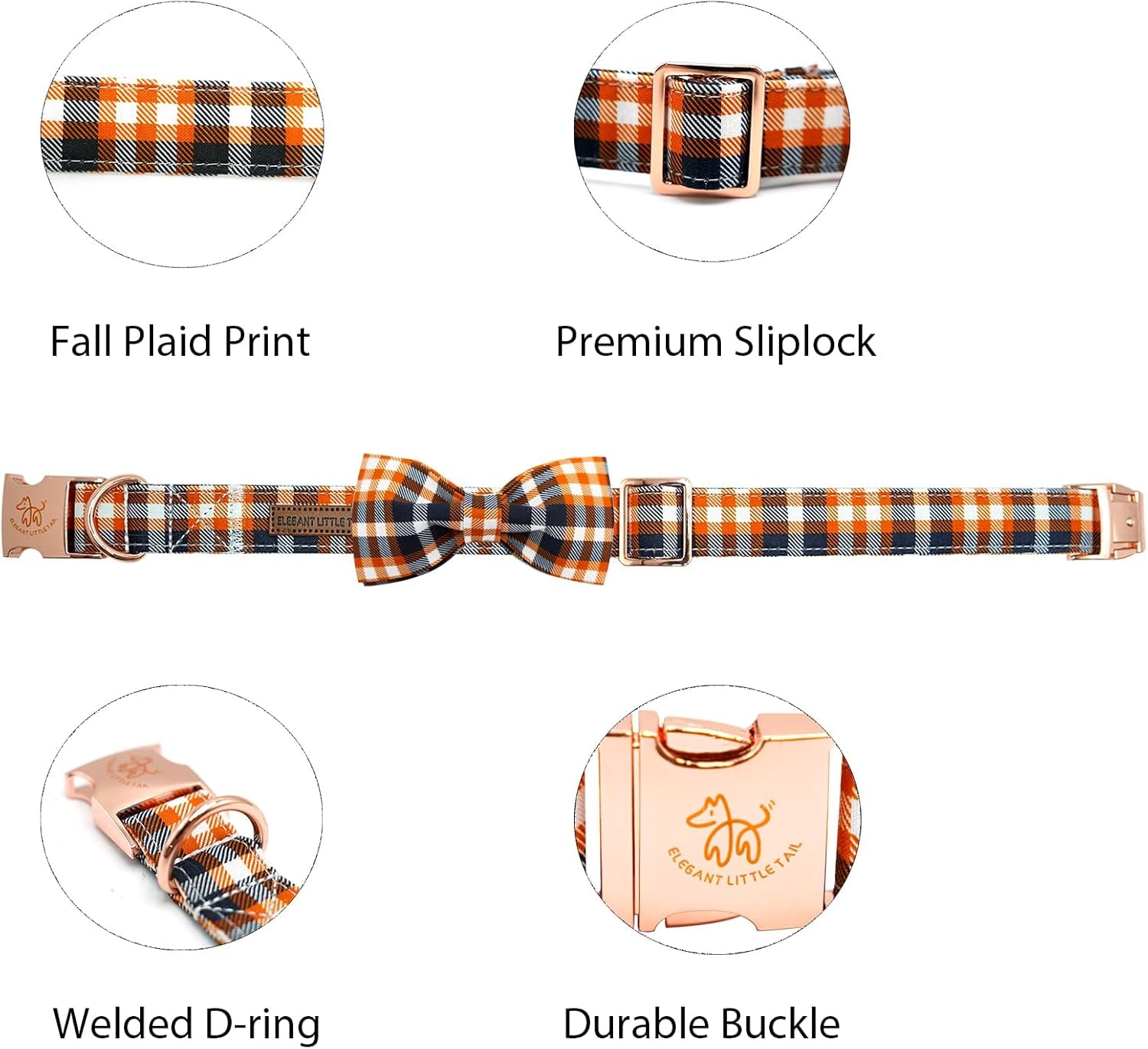 Fall Dog Collar, Halloween Dog Collar Orange Plaid Pet Collars with Bowtie Puppy Metal Buckle Cotton Girls Boys Adjustable Pet Collars for Small Dogs