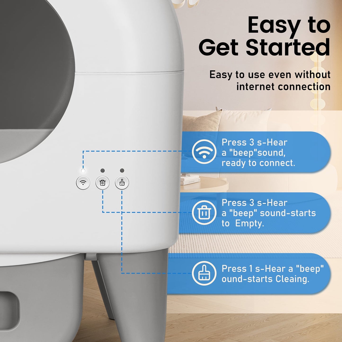Self-Cleaning Cat Litter Box, App Controlled, with Safety Sensor, Removable and Washable Liner