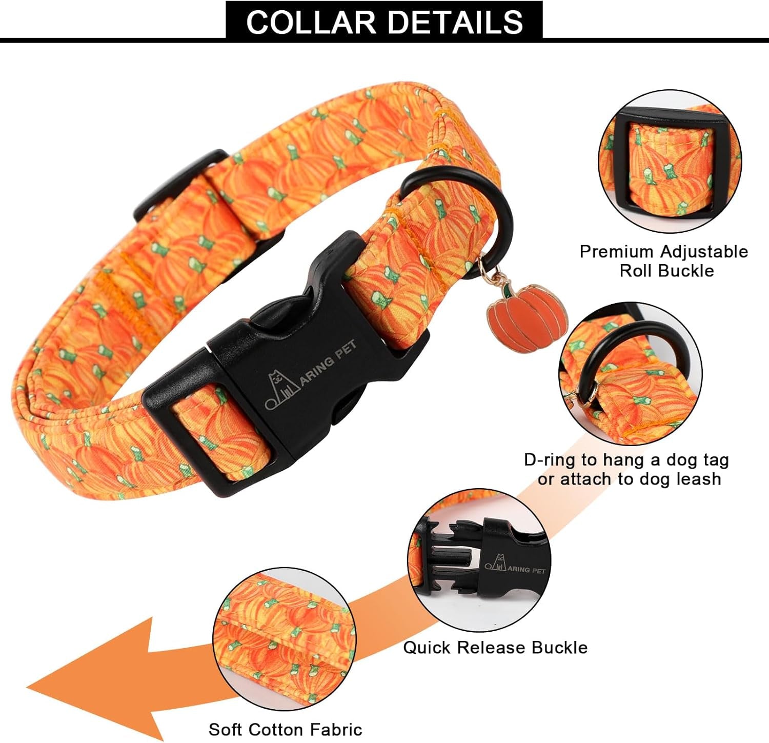 Halloween Dog Collars, Cute Gold Pumpkin Fall Pet Collar with Quick Release Buckle for Small Medium Large Girl Boy Dogs-M