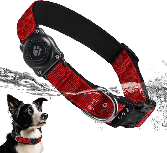 Upgraded Airtag Dog Collar, IP68 Waterproof Air Tag Dog Collar Holder, Reflective, Ultra-Durable, Comfortable Padded, Heavy Duty Dog Collars for Small Medium Large Dogs (M (12.6"-17.1"), Red)