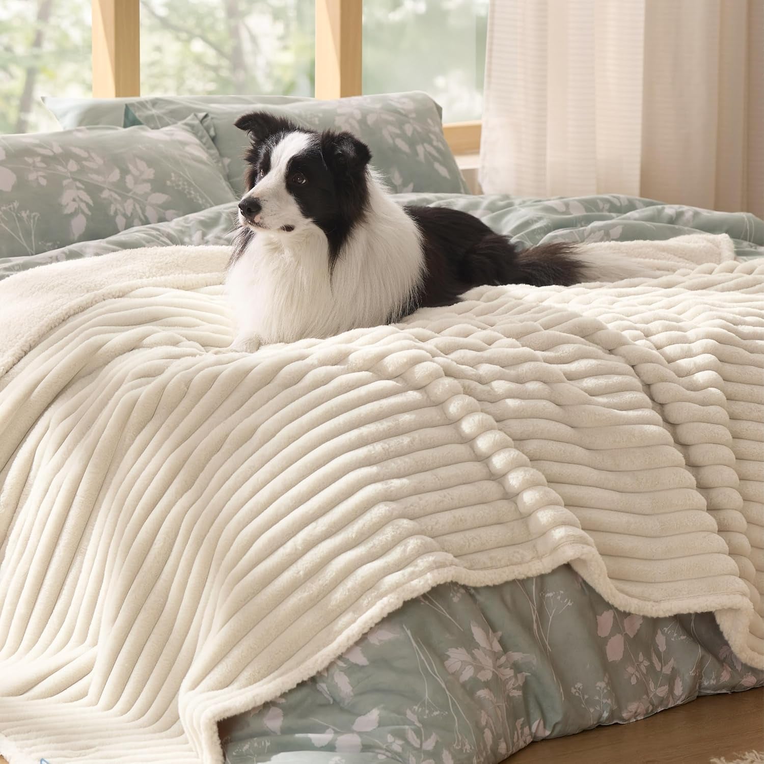 Waterproof Dog Blankets for Large Dogs - Soft Pet Cat Blanket Corduroy Fleece for Couch Bed Protector Washable, Cozy Calming Reversible Furniture Protection for Puppy,50"X60", Cream
