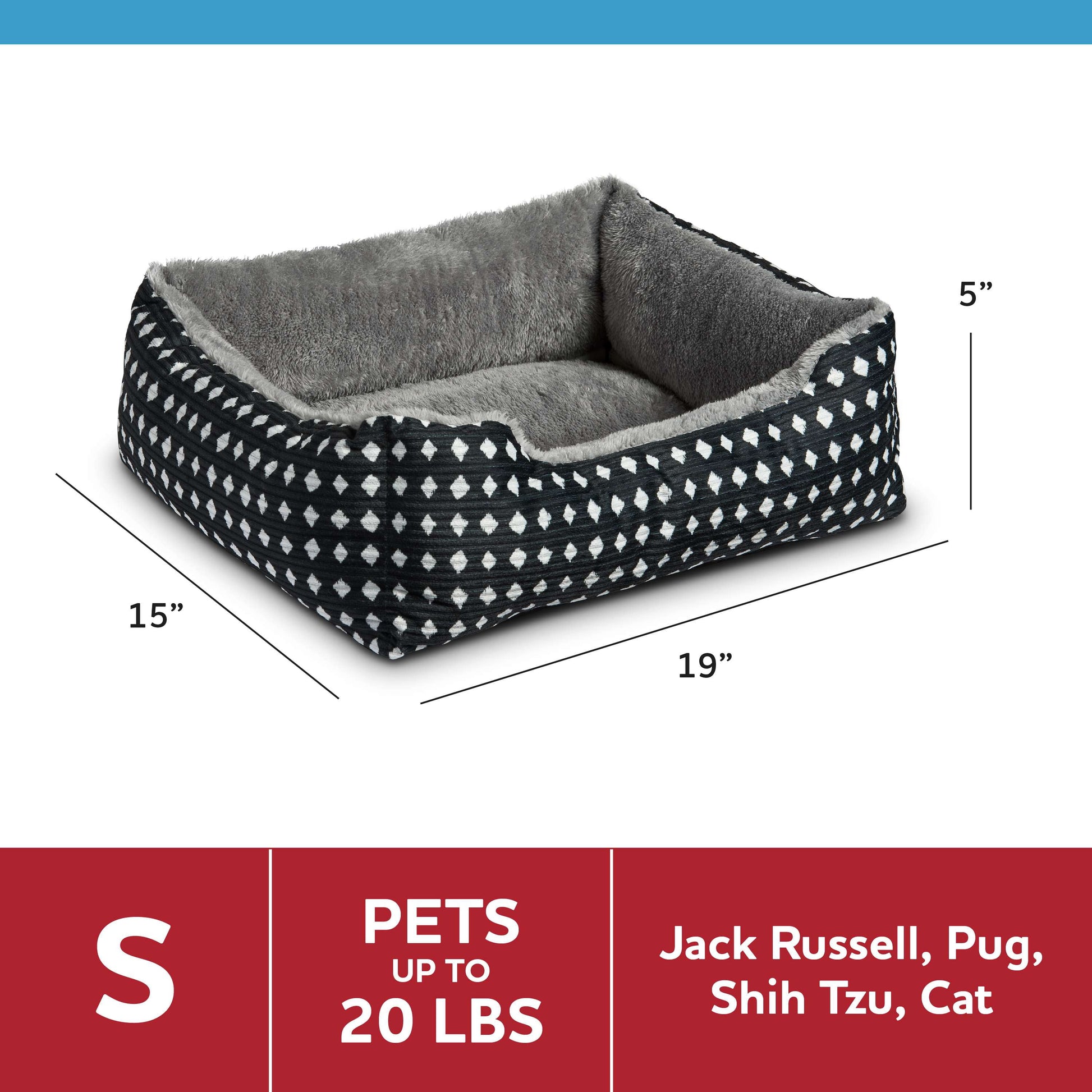 Bed for Dogs & Cats, Plush Cuddler, Portable, Machine Washable, Black & White Diamonds, 19" × 15"