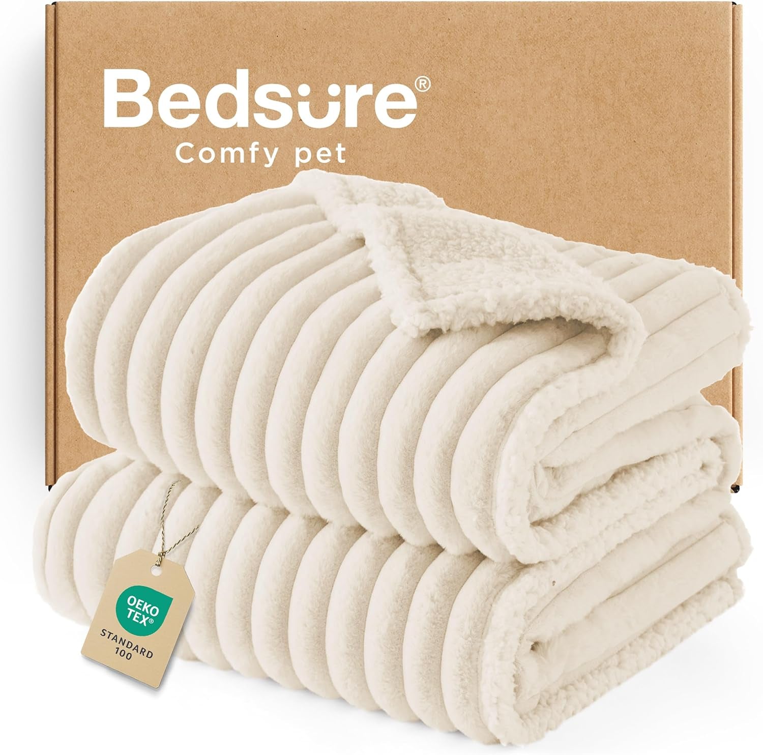Waterproof Dog Blankets for Large Dogs - Soft Pet Cat Blanket Corduroy Fleece for Couch Bed Protector Washable, Cozy Calming Reversible Furniture Protection for Puppy,50"X60", Cream