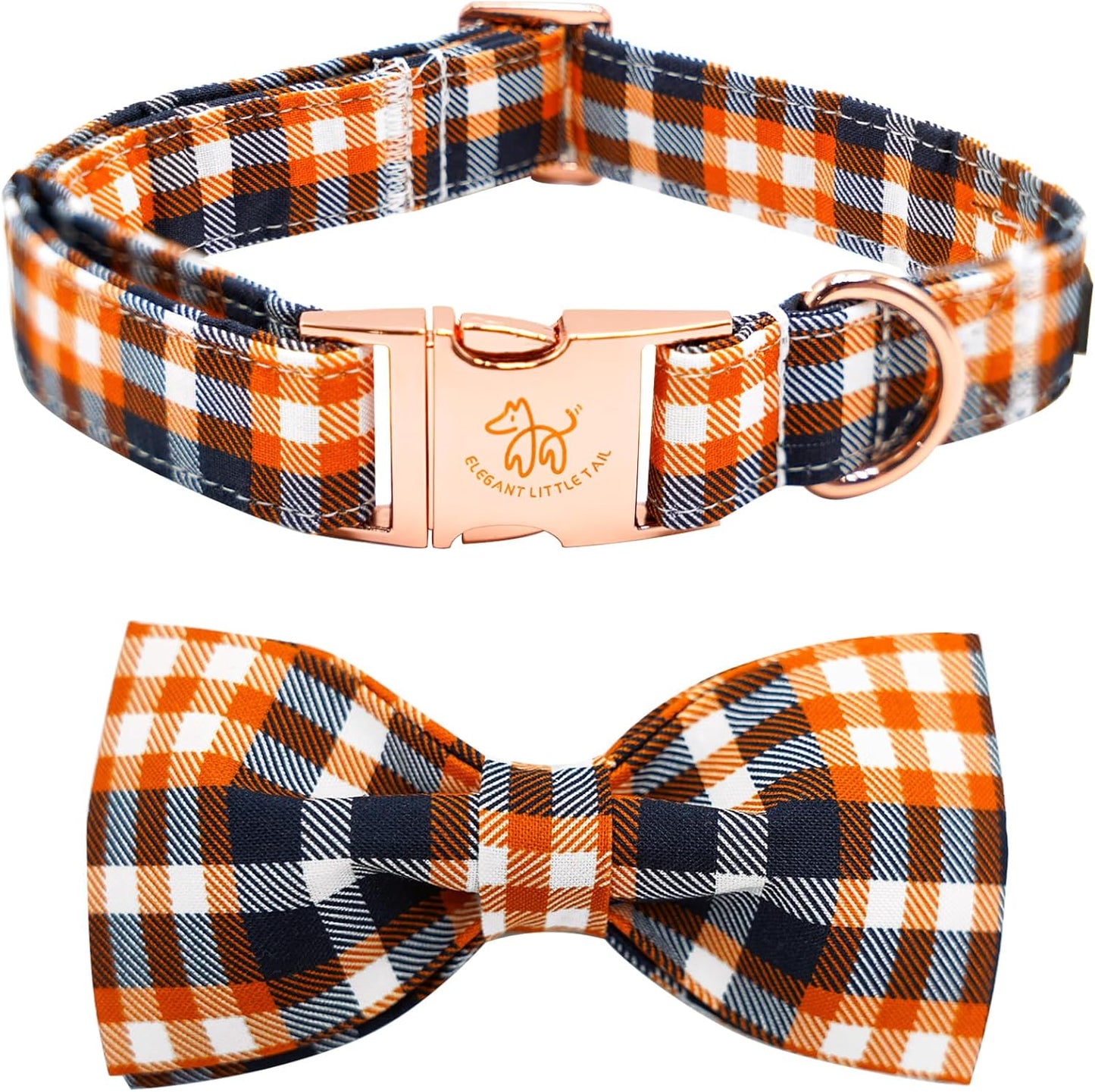Fall Dog Collar, Halloween Dog Collar Orange Plaid Pet Collars with Bowtie Puppy Metal Buckle Cotton Girls Boys Adjustable Pet Collars for Small Dogs