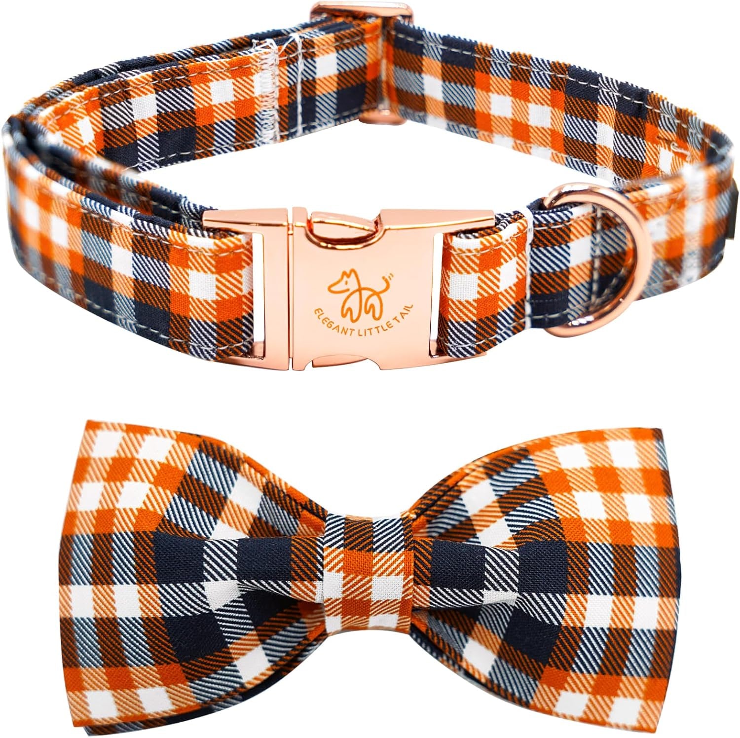 Fall Dog Collar, Halloween Dog Collar Orange Plaid Pet Collars with Bowtie Puppy Metal Buckle Cotton Girls Boys Adjustable Pet Collars for Small Dogs