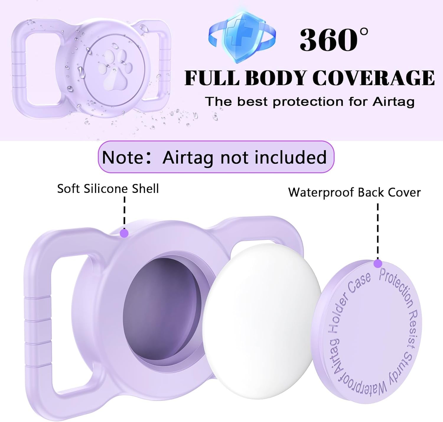 Airtag Dog Collar Holder, [1 Pack] Waterproof Airtag Collar Holder for Dog, Silicone Full Body Covered Anti-Lost Protective Apple Airtag Case for Pet Collar - Fits All Width Collars, Purple