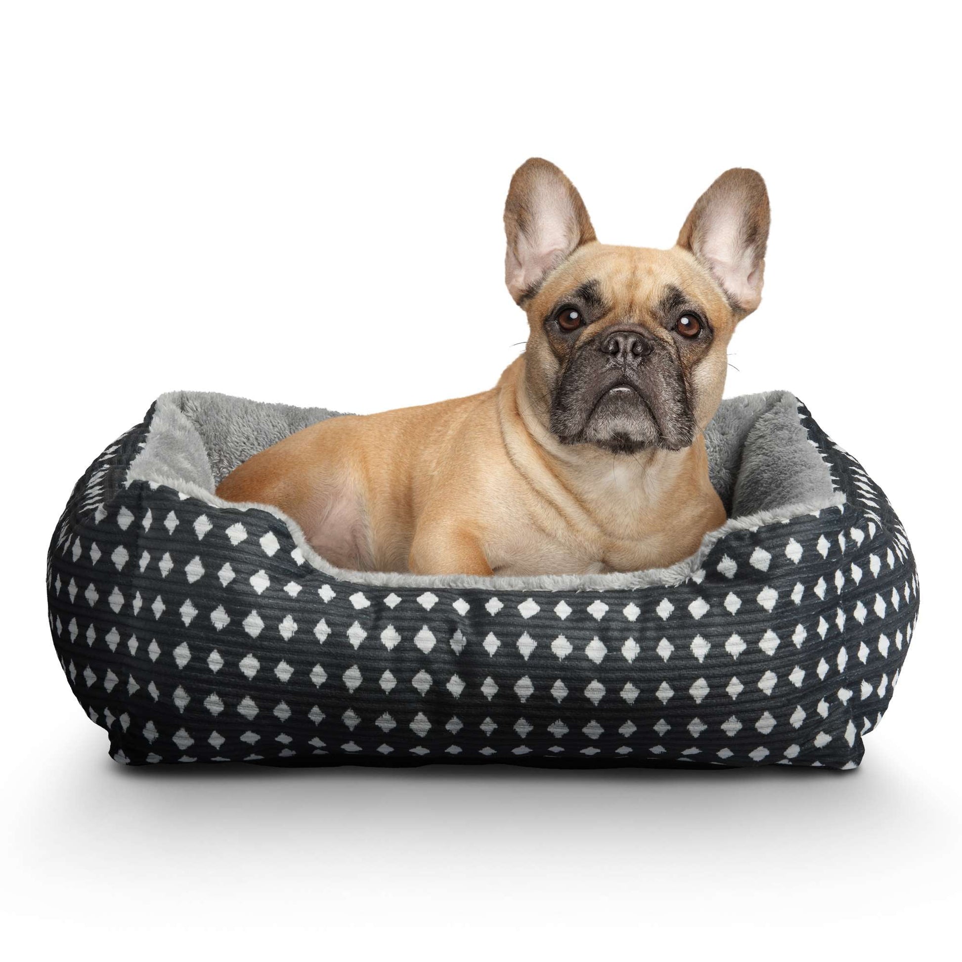 Bed for Dogs & Cats, Plush Cuddler, Portable, Machine Washable, Black & White Diamonds, 19" × 15"