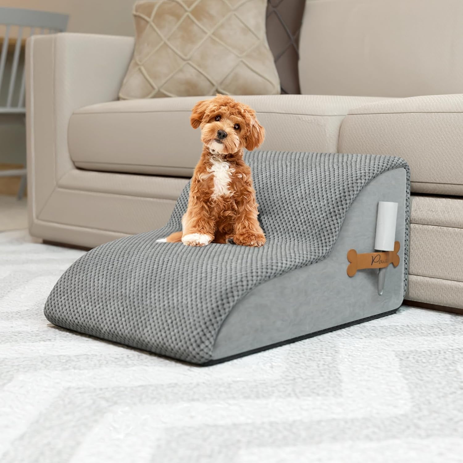 Foam Pet Stairs for Small Dogs & Cats – 2-Step Dog Ramp 12” High, Wide Non-Slip Steps for Bed & Couch – Washable Pre-Fitted Cover (No Assembly Required), Waterproof Base – Grey