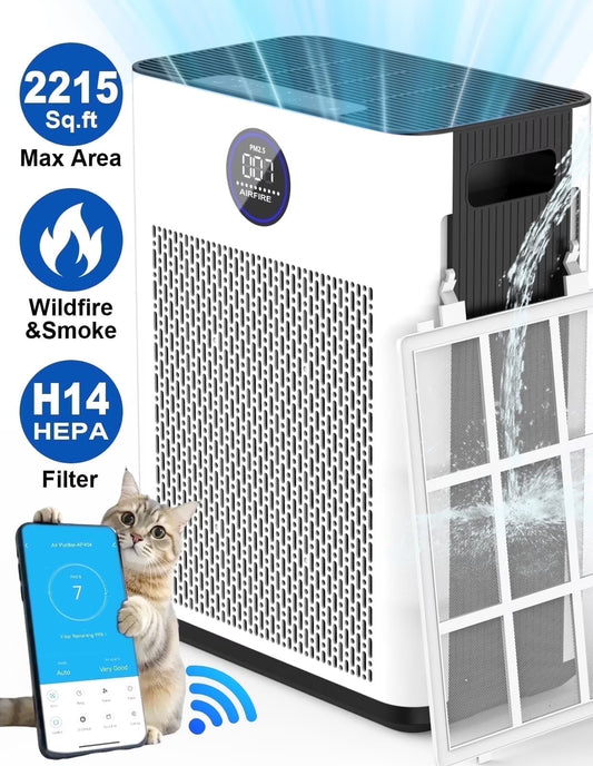 Air Purifiers for Home up to 2215 Sq.Ft, H14 HEPA Filter Wifi Air Purifier for Pet Owners, Allergies and Asthma Suffers, Pollen, Wildfire, with Washable Filter, AP404, White