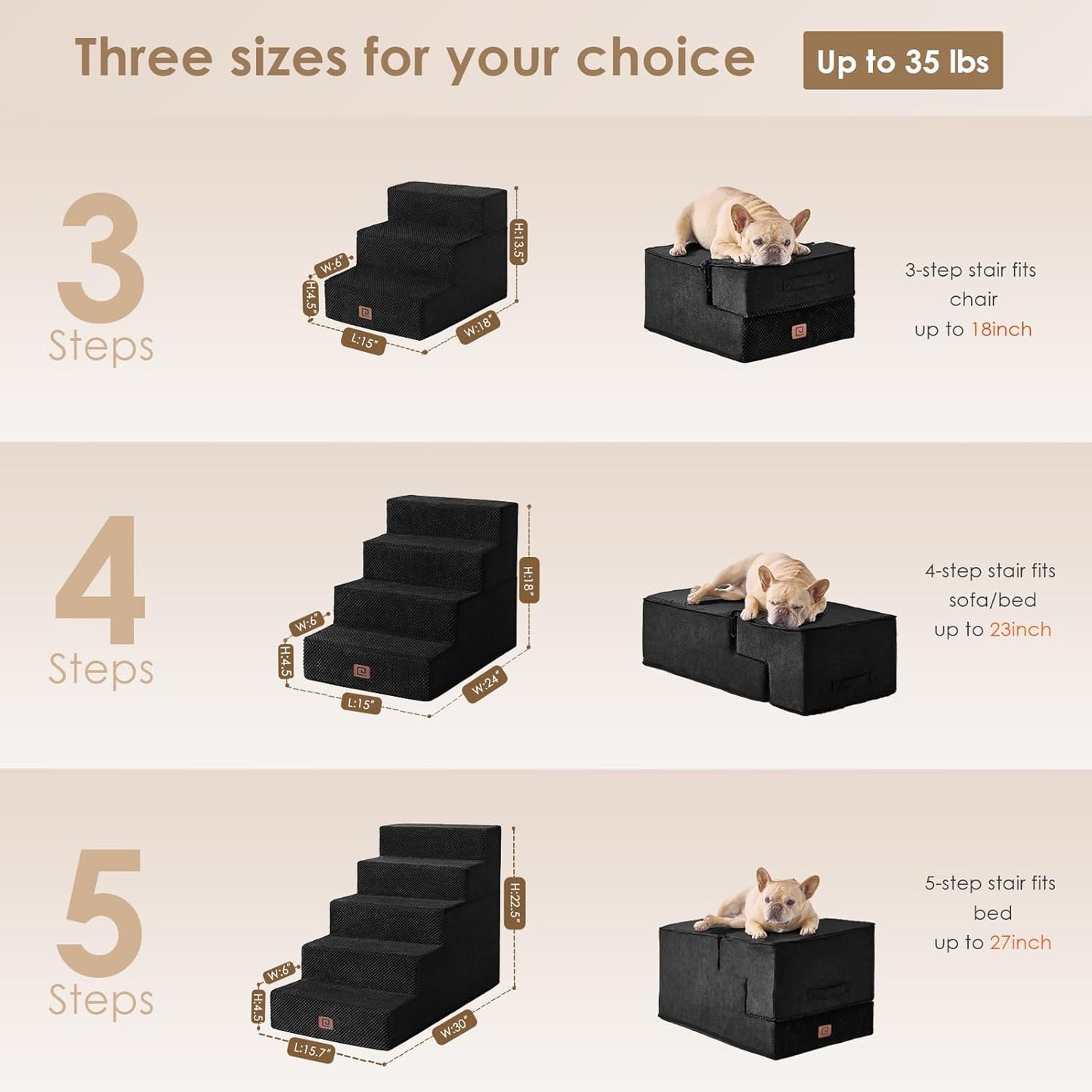 Dog Stairs for Bed 18" H, 4-Step Dog Steps for High Bed, Pet Steps for Small Dogs and Cats, Non-Slip Balanced Pet Ramp Indoor, Black