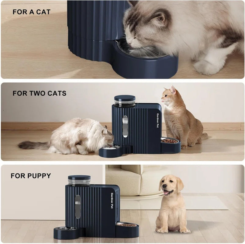 Automatic Gravity Cat Food Feeder and Water Dispenser Stainless Steel Two-In-One Set
