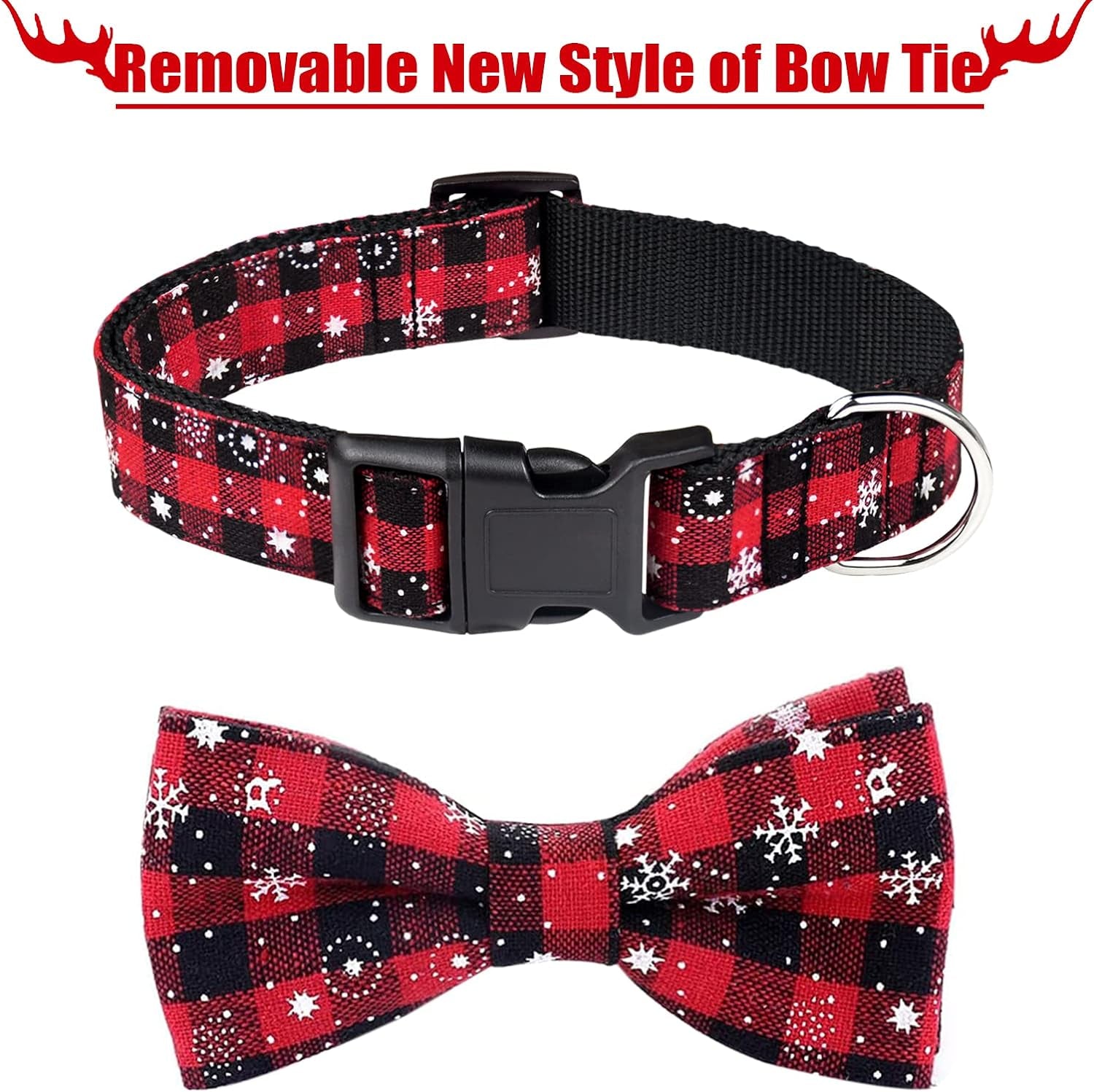 Christmas Dog Collar and Bow Tie with Classic Snowflake Pattern, Adorable Collar with Light Release Buckle Pet Accessories for Puppy Dogs Cats Pets (X-Small)